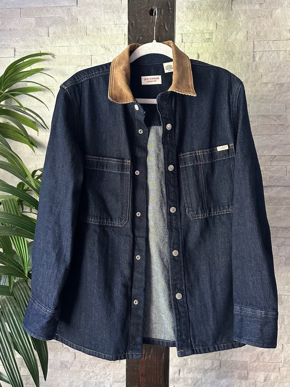 Levi Strauss Signature Dark Blue Denim Jacket with Tan Corduroy Collar Size Smal